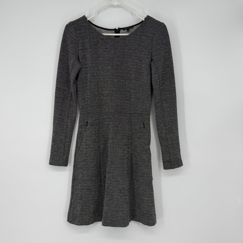 Theory Knit Fit Flare Dress Gray Long Sleeve Pockets Wool Blend‎ 4 Minimalist